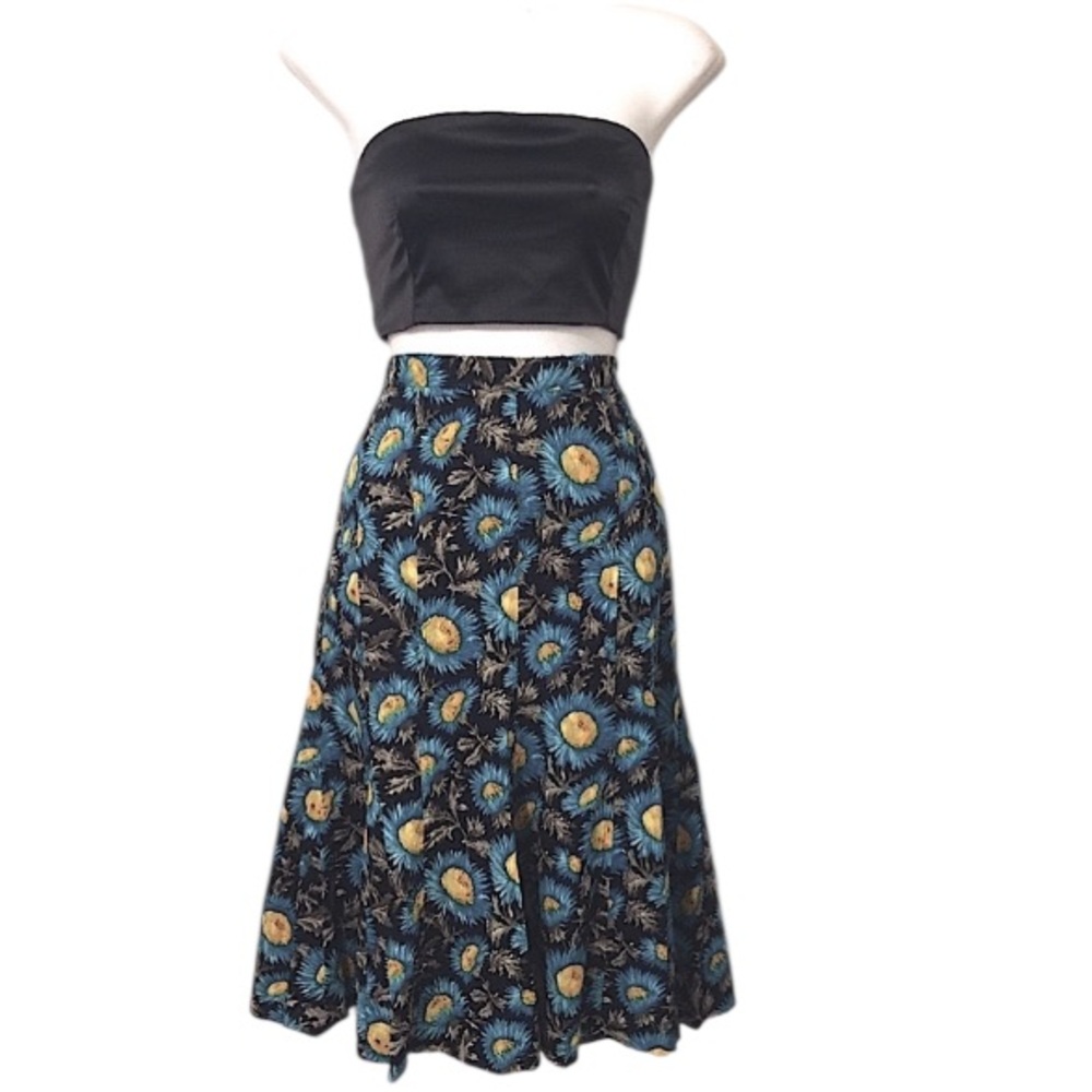 Vintage Hardy Amies Womens Colorful Sunflower Print Cottagecore Midi Skirt Sz M